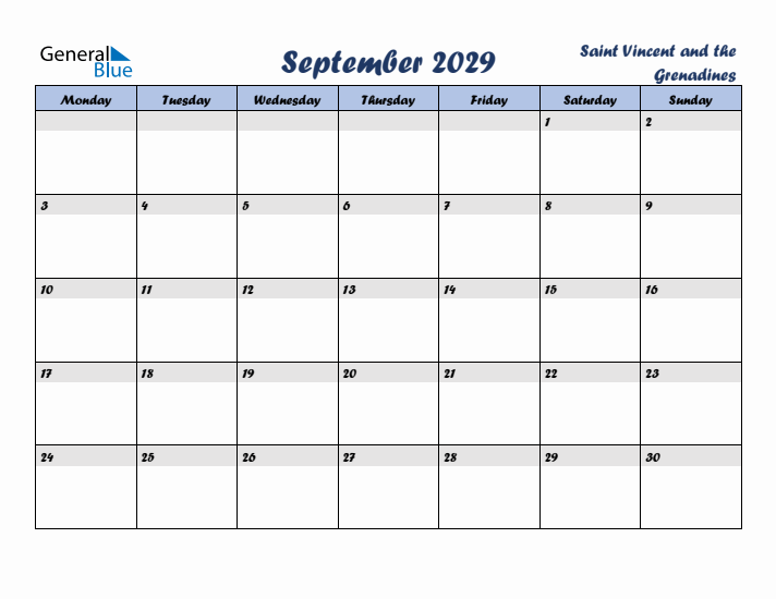 September 2029 Calendar with Holidays in Saint Vincent and the Grenadines
