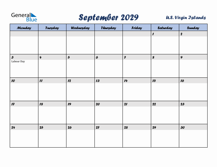 September 2029 Calendar with Holidays in U.S. Virgin Islands