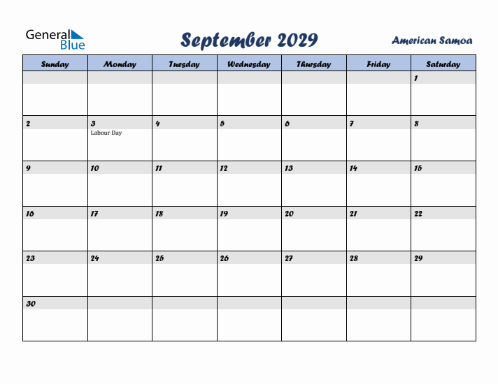 September 2029 Calendar with Holidays in American Samoa