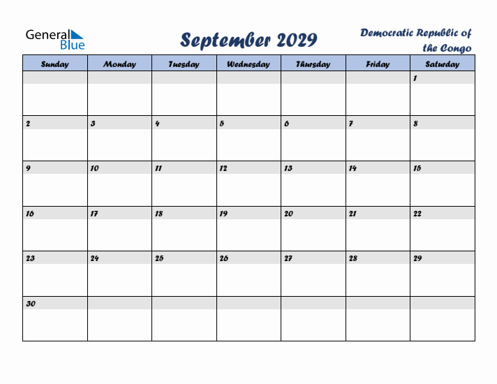 September 2029 Calendar with Holidays in Democratic Republic of the Congo