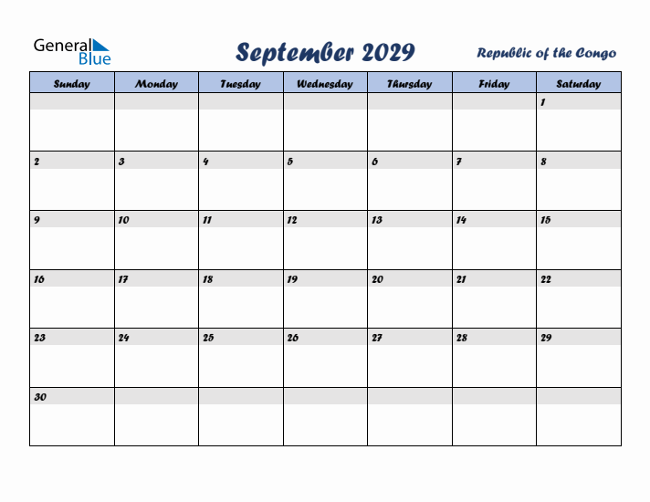 September 2029 Calendar with Holidays in Republic of the Congo