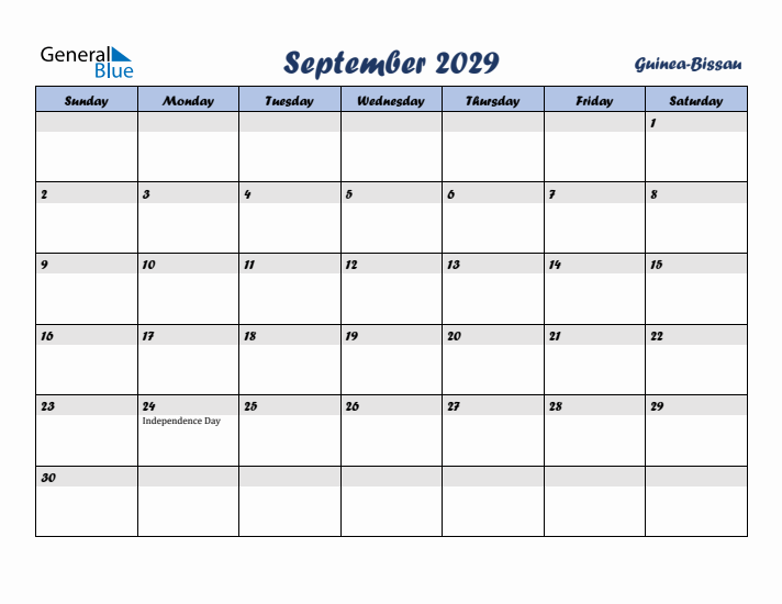 September 2029 Calendar with Holidays in Guinea-Bissau