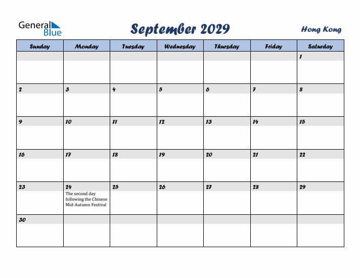September 2029 Calendar with Holidays in Hong Kong