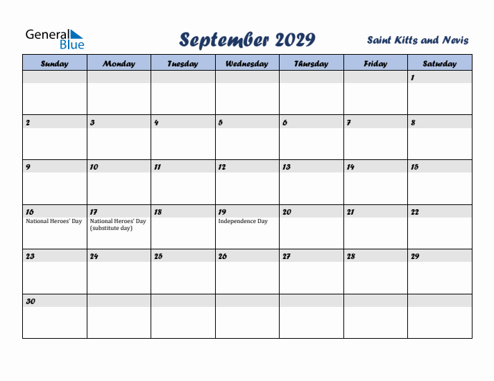 September 2029 Calendar with Holidays in Saint Kitts and Nevis