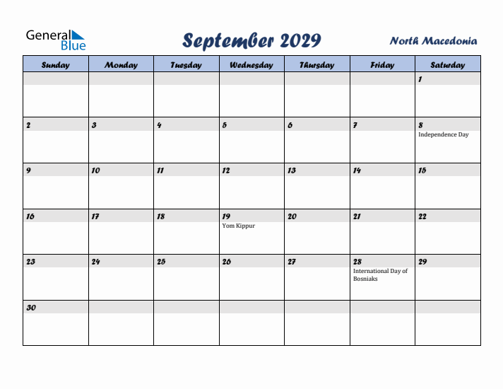 September 2029 Calendar with Holidays in North Macedonia