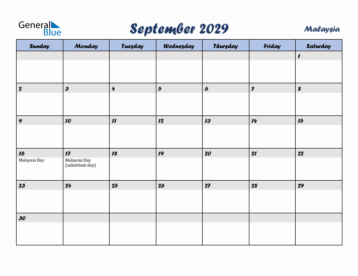 September 2029 Calendar with Holidays in Malaysia