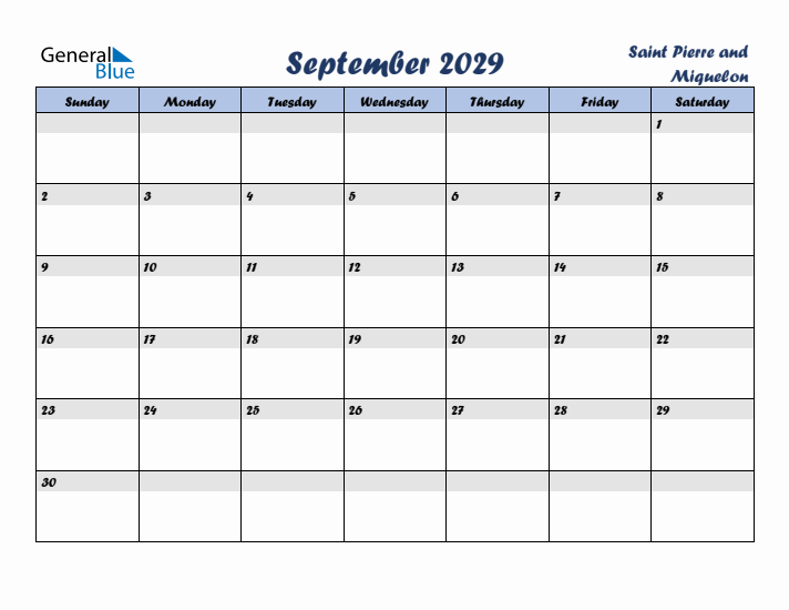 September 2029 Calendar with Holidays in Saint Pierre and Miquelon