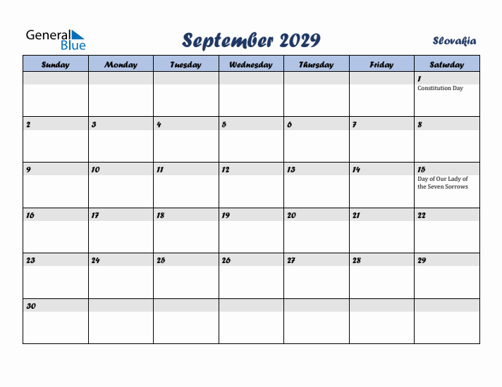 September 2029 Calendar with Holidays in Slovakia