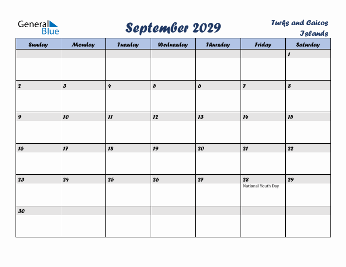 September 2029 Calendar with Holidays in Turks and Caicos Islands
