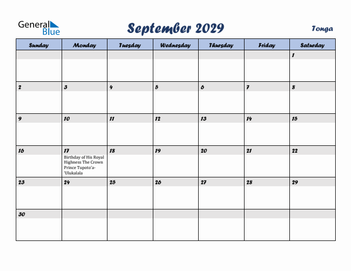 September 2029 Calendar with Holidays in Tonga
