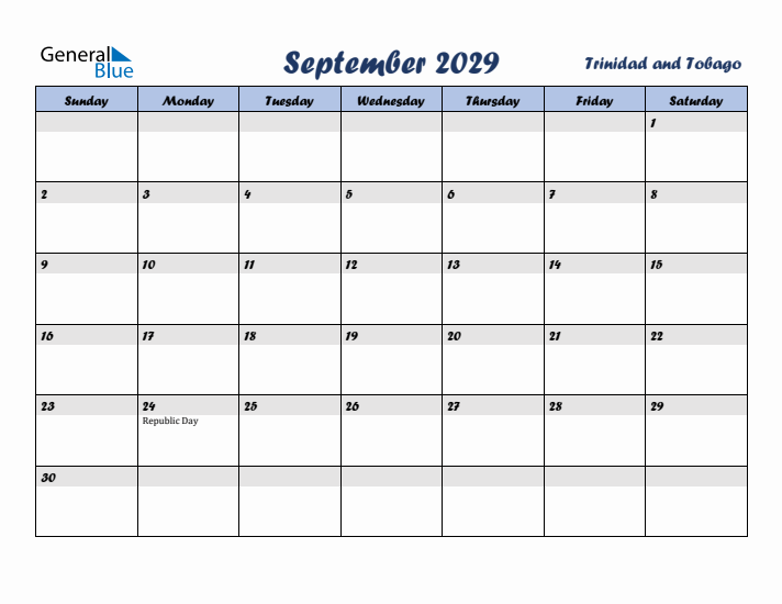 September 2029 Calendar with Holidays in Trinidad and Tobago