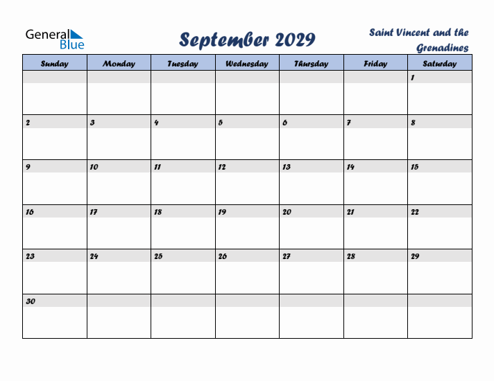 September 2029 Calendar with Holidays in Saint Vincent and the Grenadines
