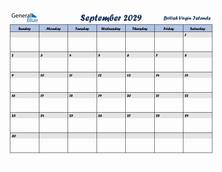 September 2029 Calendar with Holidays in British Virgin Islands