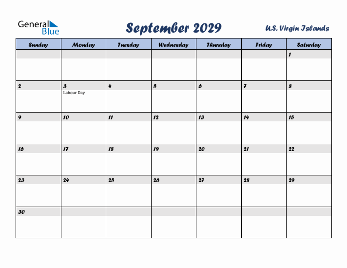 September 2029 Calendar with Holidays in U.S. Virgin Islands