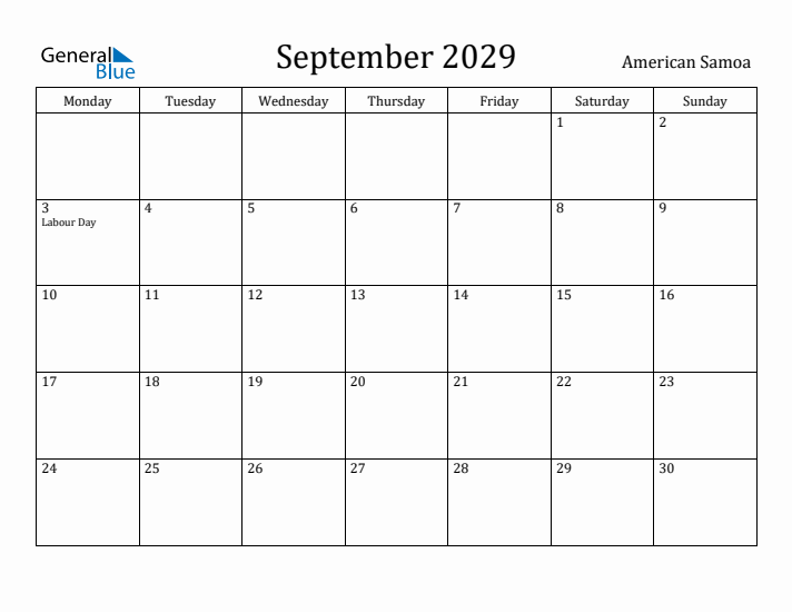 September 2029 Calendar American Samoa