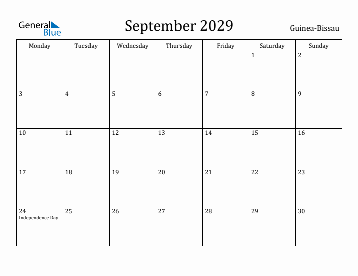 September 2029 Calendar Guinea-Bissau