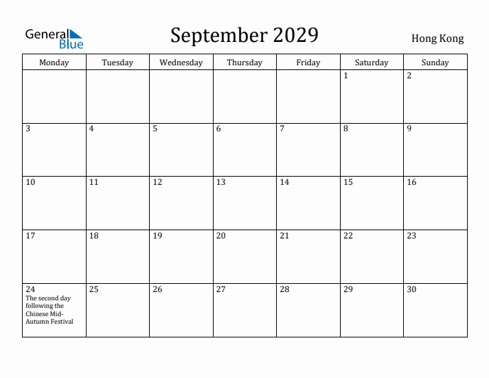 September 2029 Calendar Hong Kong