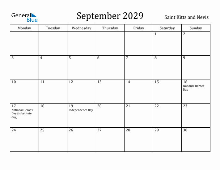 September 2029 Calendar Saint Kitts and Nevis