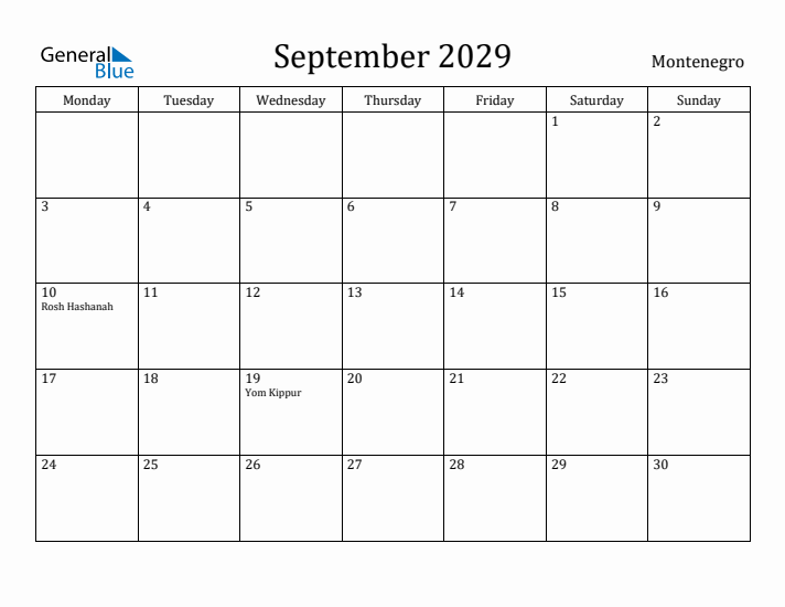 September 2029 Calendar Montenegro