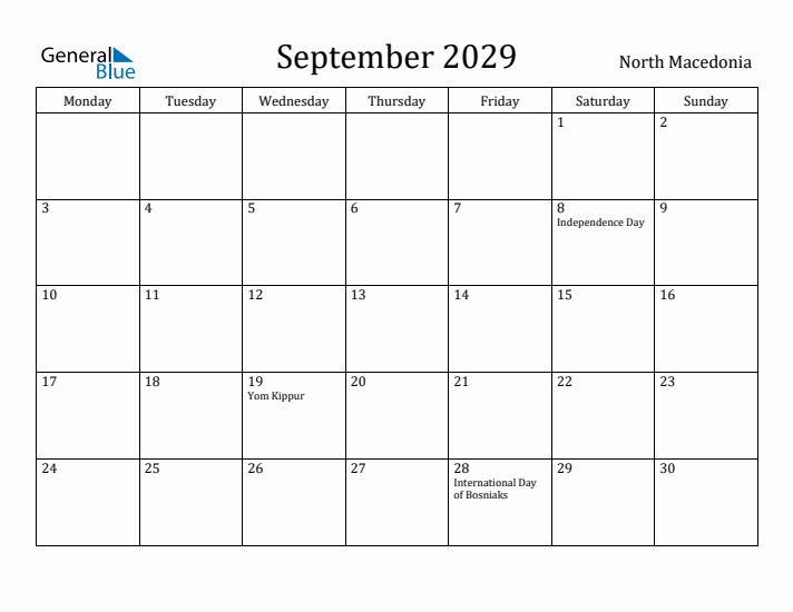 September 2029 Calendar North Macedonia