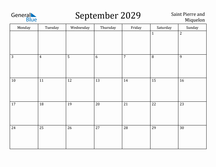 September 2029 Calendar Saint Pierre and Miquelon