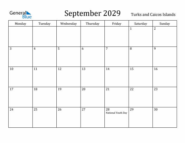September 2029 Calendar Turks and Caicos Islands