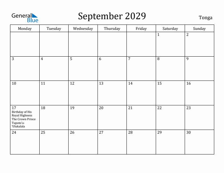 September 2029 Calendar Tonga