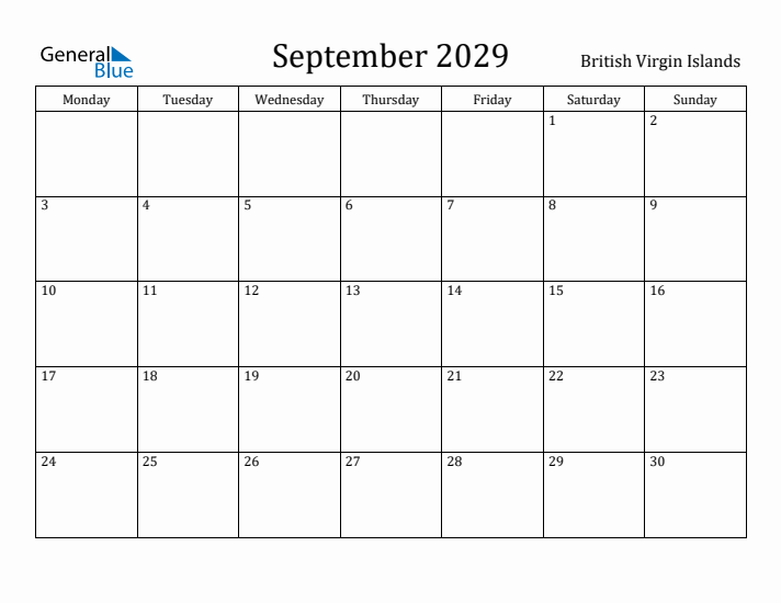 September 2029 Calendar British Virgin Islands