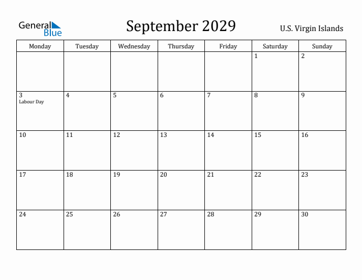 September 2029 Calendar U.S. Virgin Islands