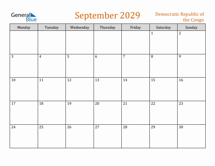 September 2029 Holiday Calendar with Monday Start