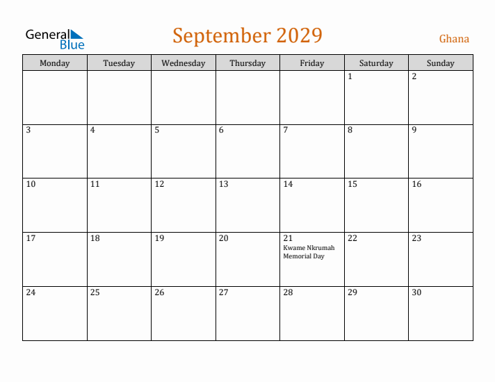September 2029 Holiday Calendar with Monday Start