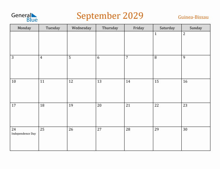 September 2029 Holiday Calendar with Monday Start