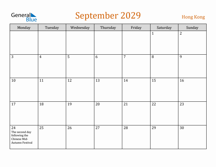 September 2029 Holiday Calendar with Monday Start