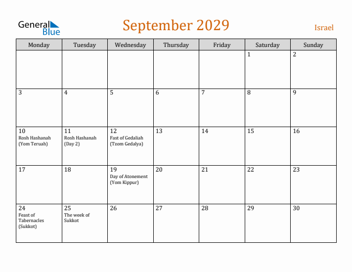 September 2029 Holiday Calendar with Monday Start