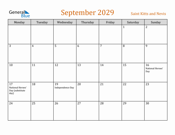 September 2029 Holiday Calendar with Monday Start