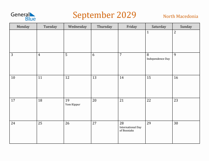 September 2029 Holiday Calendar with Monday Start