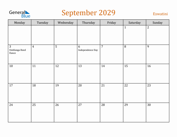 September 2029 Holiday Calendar with Monday Start