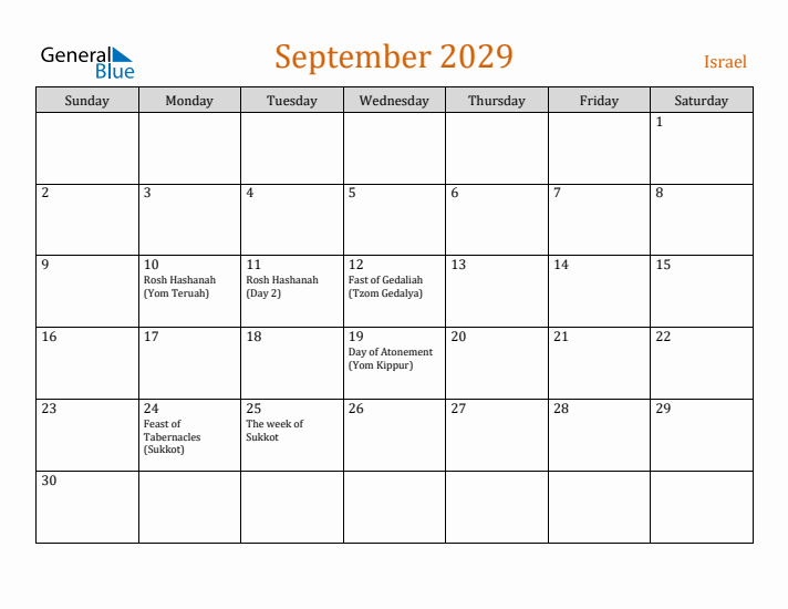 September 2029 Holiday Calendar with Sunday Start