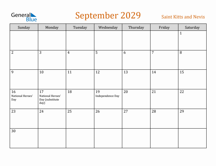 September 2029 Holiday Calendar with Sunday Start