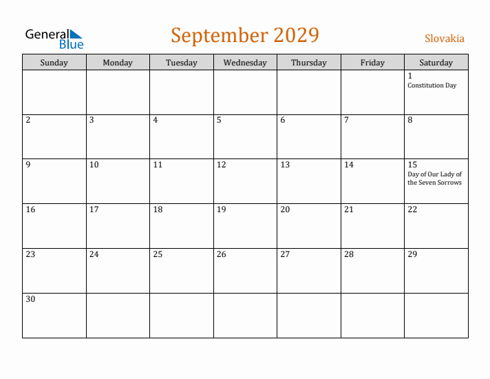 September 2029 Holiday Calendar with Sunday Start