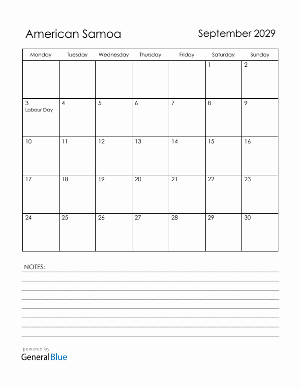 September 2029 American Samoa Calendar with Holidays (Monday Start)