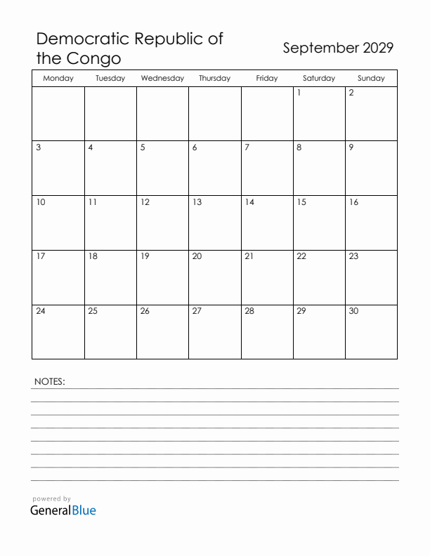 September 2029 Democratic Republic of the Congo Calendar with Holidays (Monday Start)