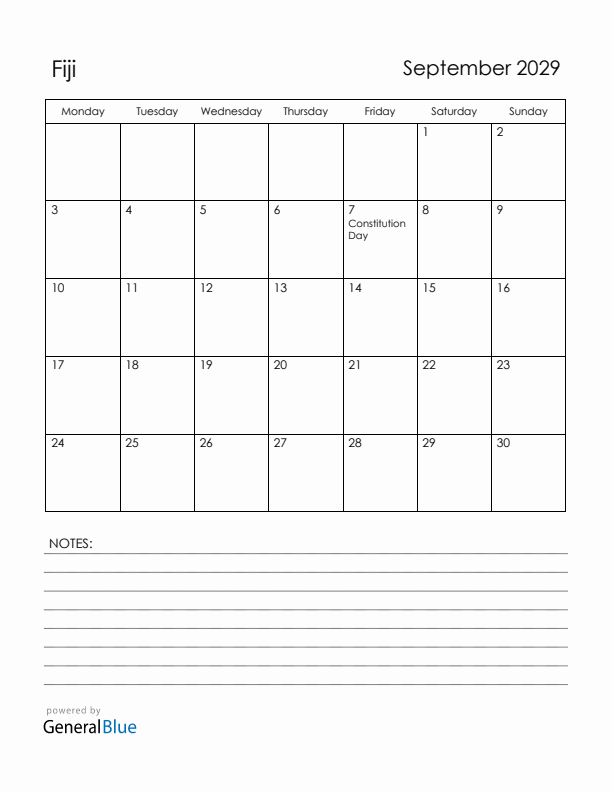 September 2029 Fiji Calendar with Holidays (Monday Start)