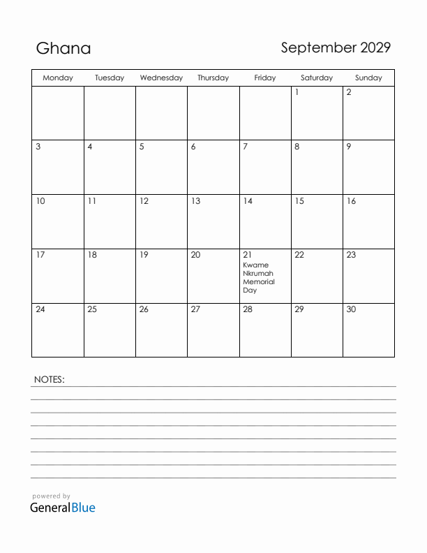 September 2029 Ghana Calendar with Holidays (Monday Start)