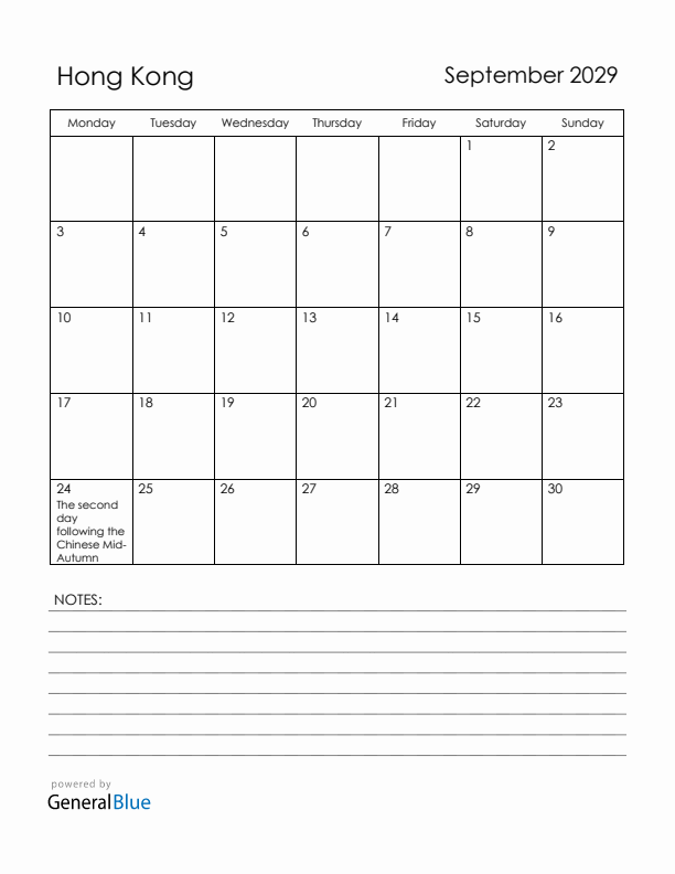 September 2029 Hong Kong Calendar with Holidays (Monday Start)