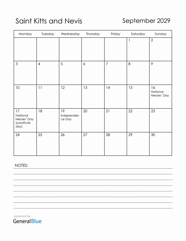 September 2029 Saint Kitts and Nevis Calendar with Holidays (Monday Start)
