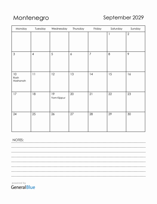September 2029 Montenegro Calendar with Holidays (Monday Start)