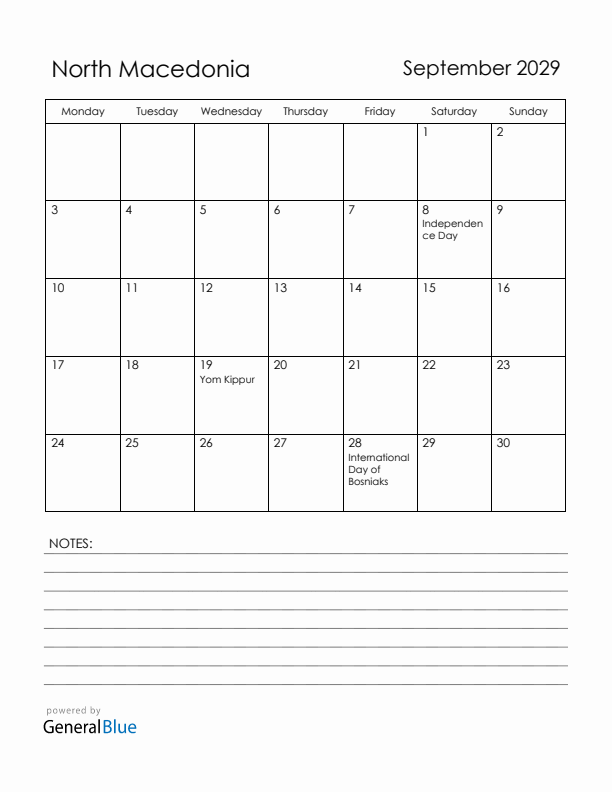 September 2029 North Macedonia Calendar with Holidays (Monday Start)