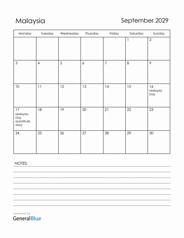 September 2029 Malaysia Calendar with Holidays (Monday Start)