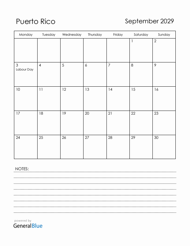 September 2029 Puerto Rico Calendar with Holidays (Monday Start)